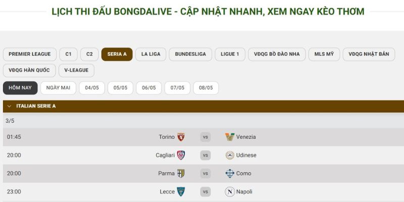 Lịch thi đấu và tỷ lệ kèo cập nhật nhanh tại Bongdalive